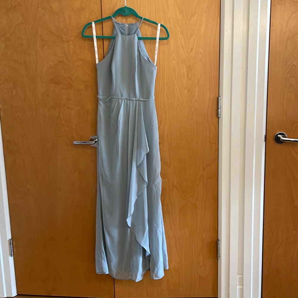 David’s Bridal Dusty Blue # HIGH-NECK CHIFFON BRIDESMAID DRESS WITH CASCADE sz 0